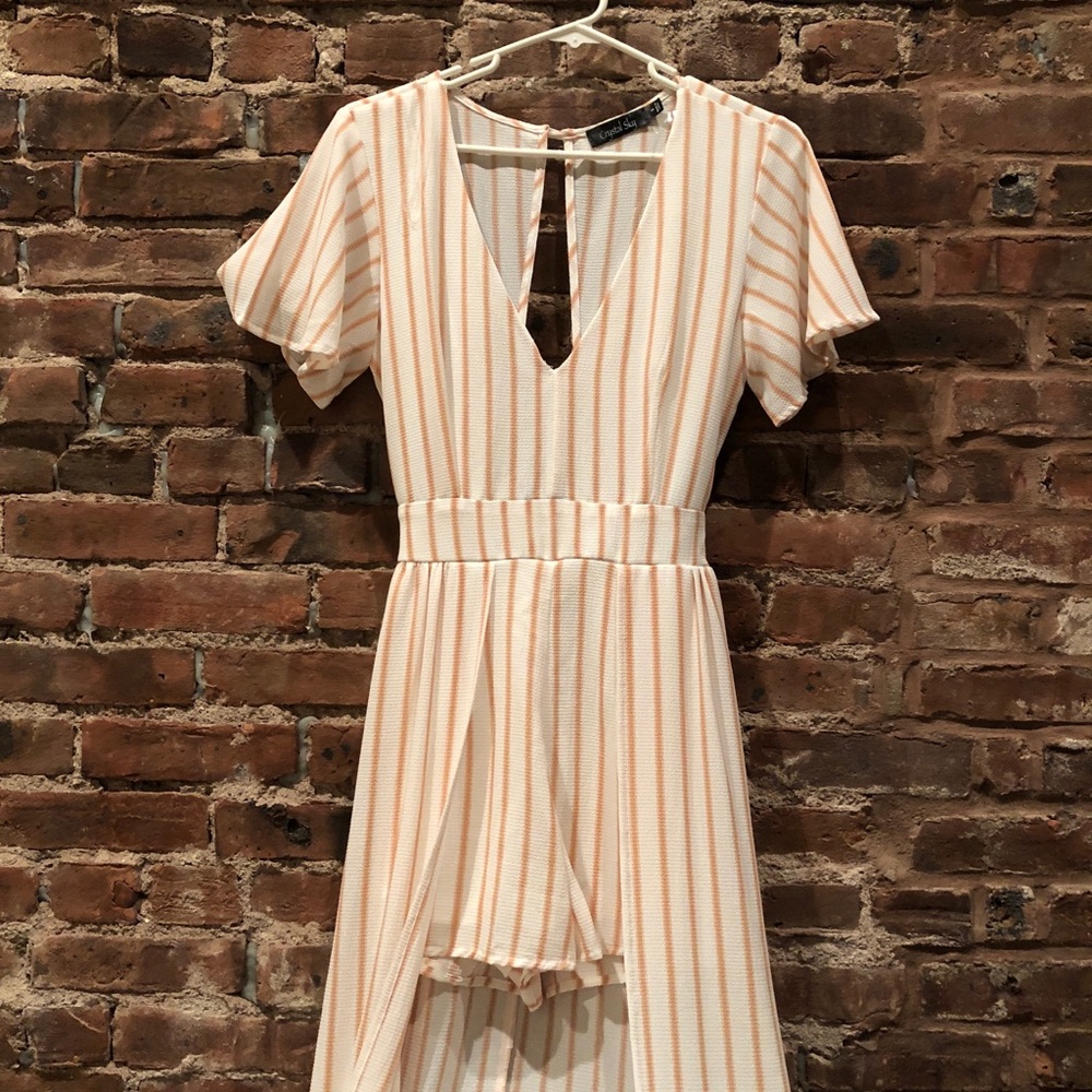 Pink & white striped romper w/train.